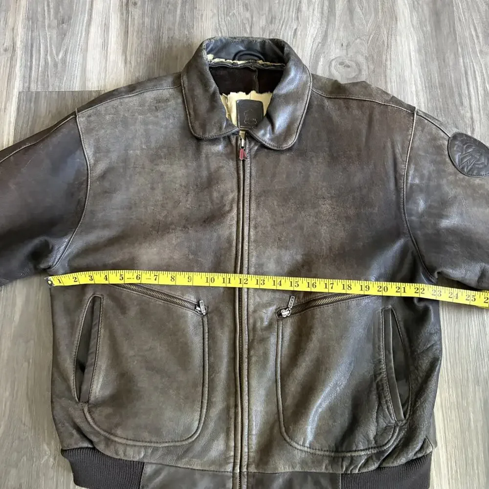 Vintage 1980s Hein Gericke Leather Bomber Flight Jacket Men's Size L Brown Map